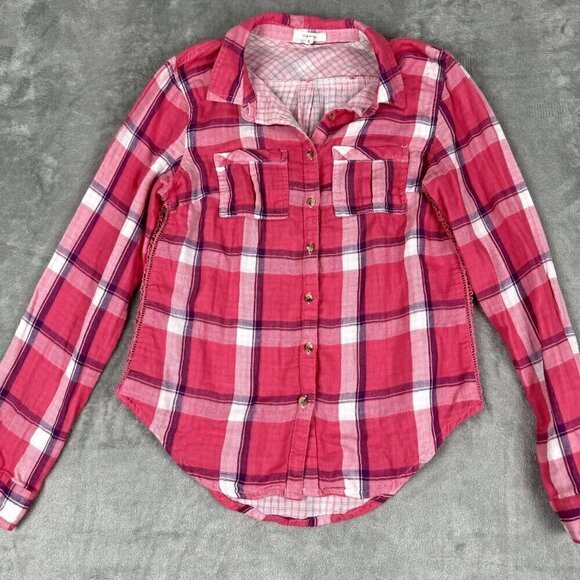 Maurices Small Pink Flannel Button Down Shirt Crochet Down Side Western Preppy - Picture 2 of 9